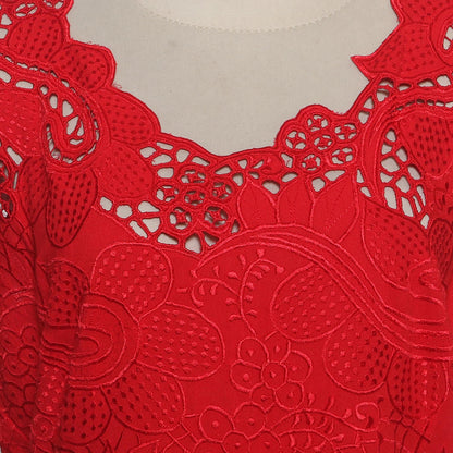 Rose Mallow in Red Red Floral Openwork and Embroidered Rayon Top