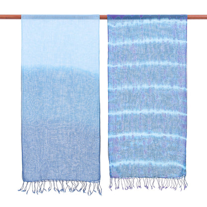 Sea of Love Pair of Cotton Scarves in Shades of Blue