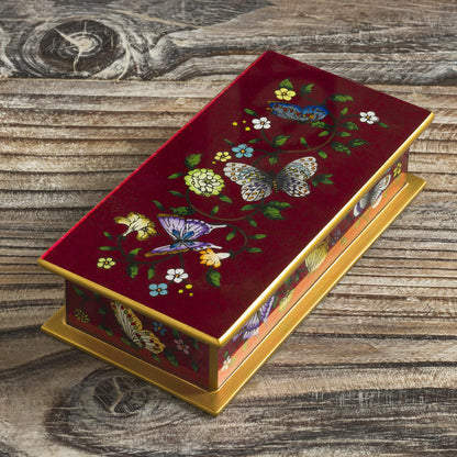 Butterflies on Burgundy Burgundy Reverse-Painted Glass Decorative Box