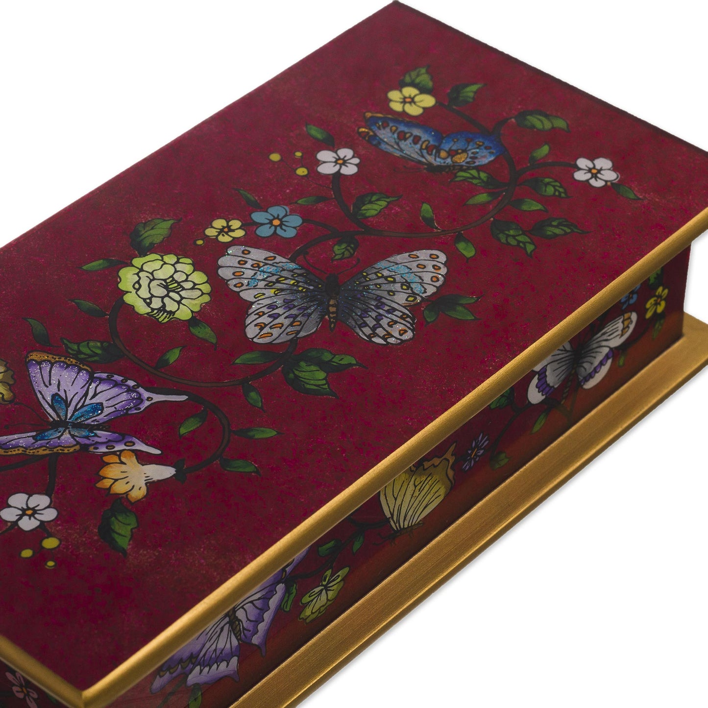 Butterflies on Burgundy Burgundy Reverse-Painted Glass Decorative Box