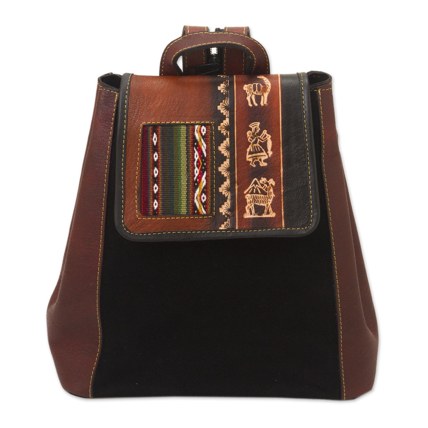 Trip to Cusco Hand- Tooled Leather and Suede Backpack