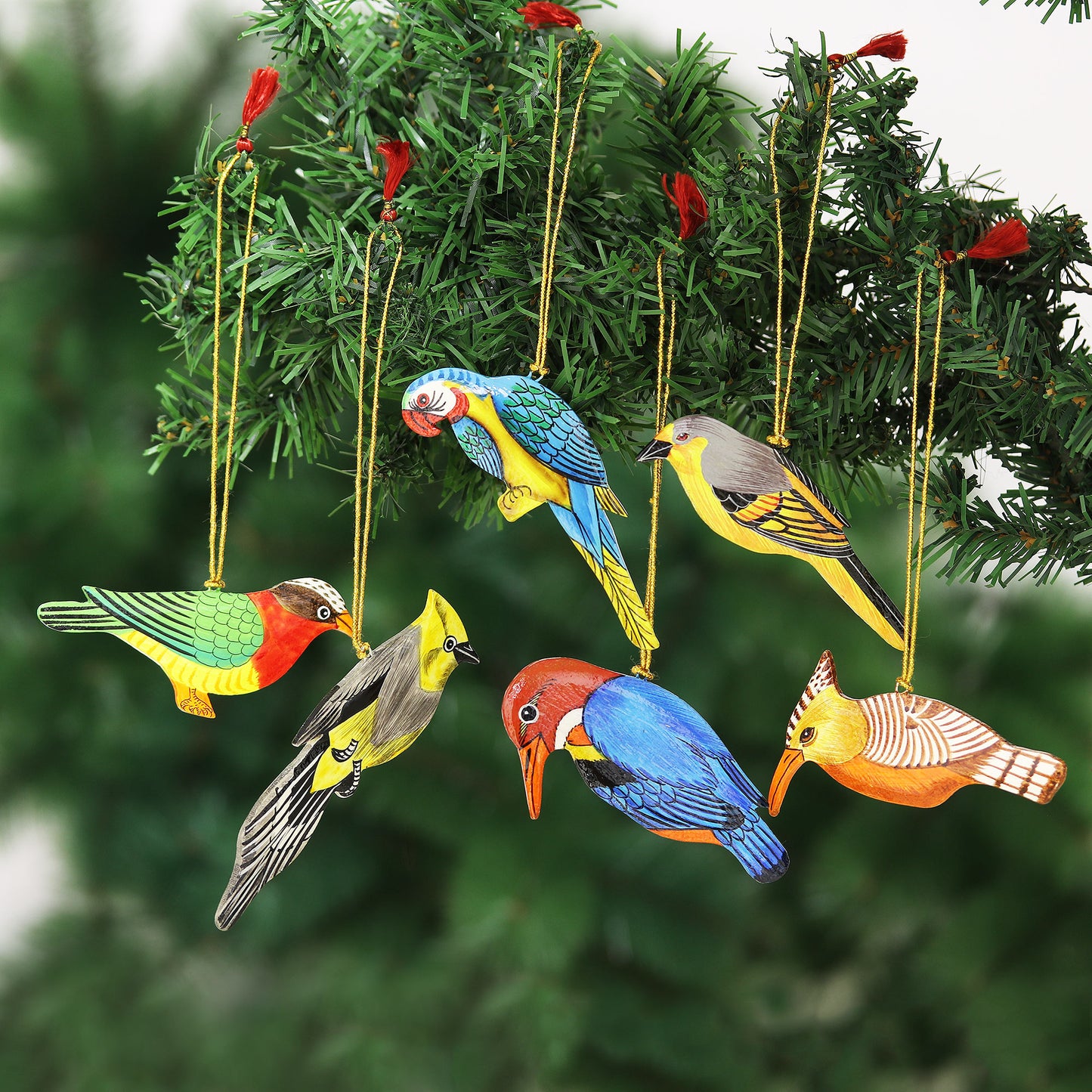 Festive Birds Hand-Painted Assorted Bird Ornaments (Set of 6)