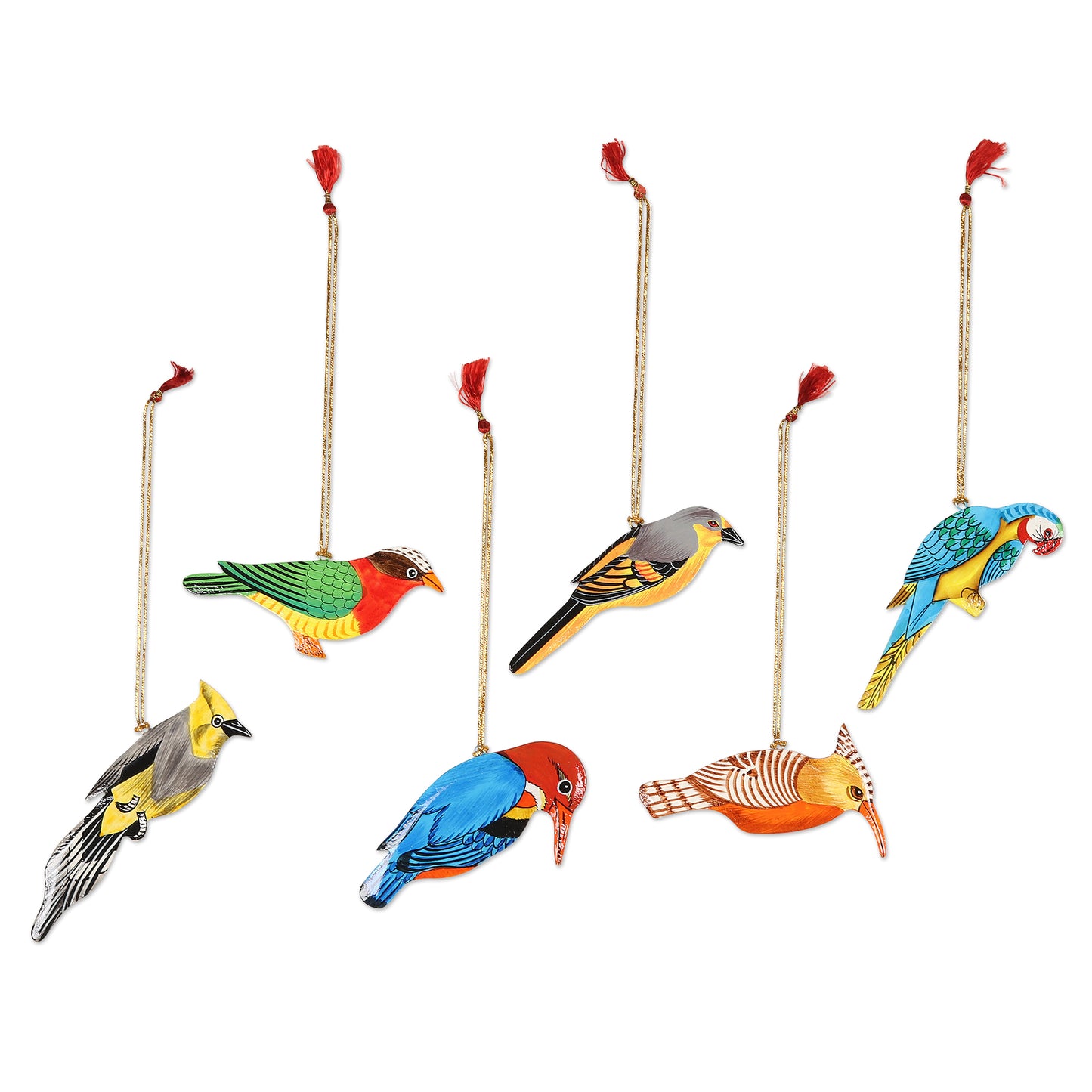Festive Birds Hand-Painted Assorted Bird Ornaments (Set of 6)