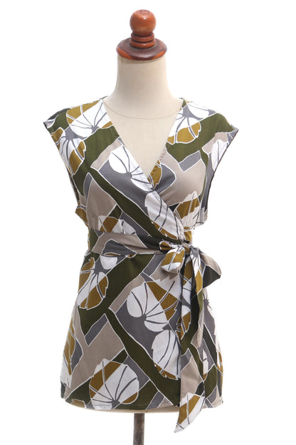 Garden Party Handmade Leaf-Themed Rayon Wrap Blouse from Bali