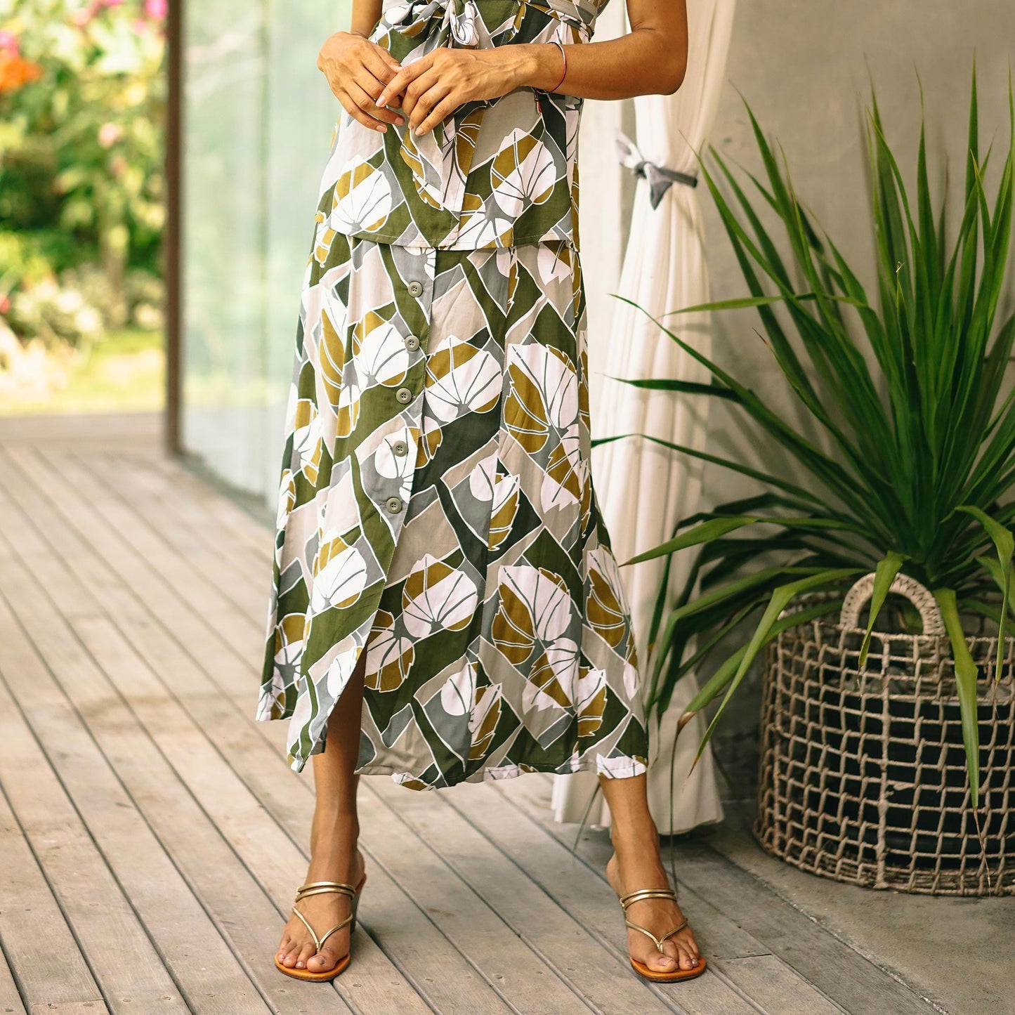 Garden Party Hand Made Leaf-Themed Rayon Midi Skirt