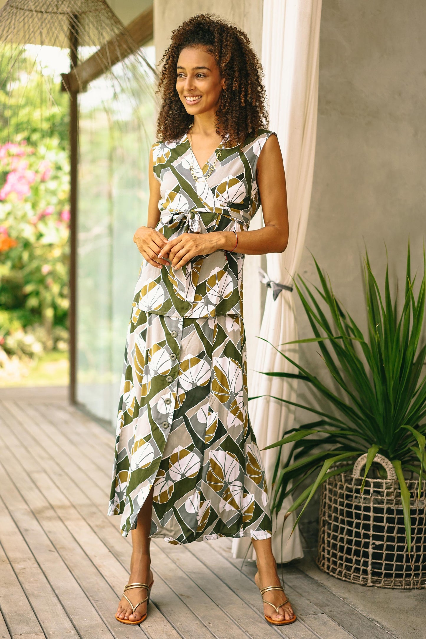Garden Party Hand Made Leaf-Themed Rayon Midi Skirt