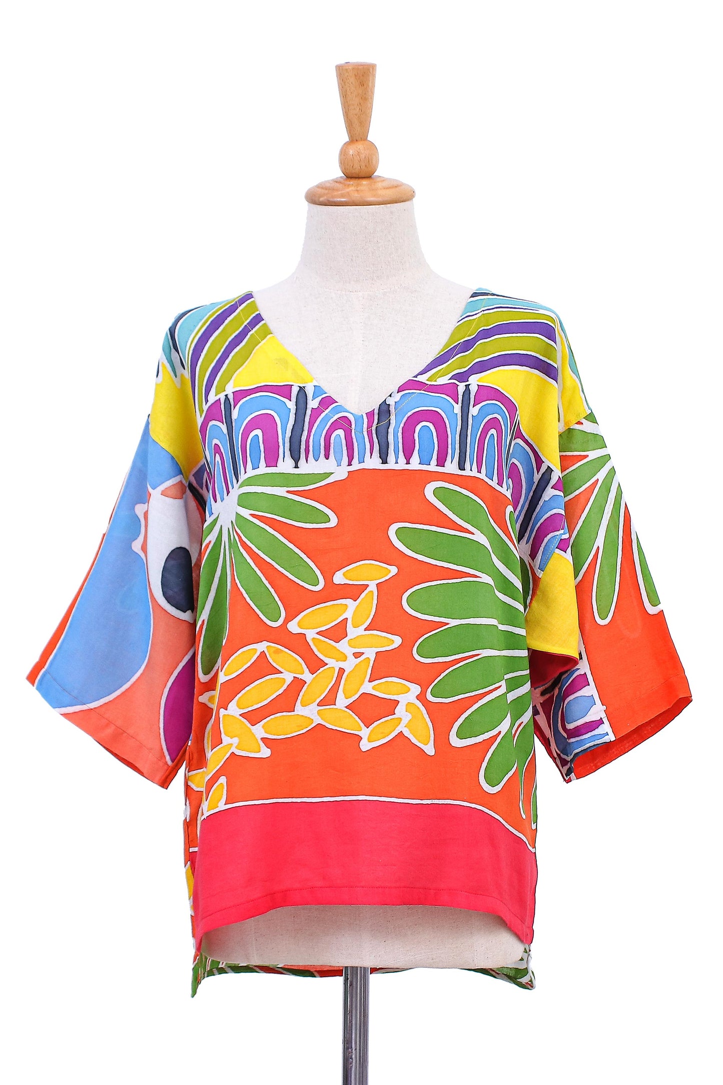 Beach Party Tropical Patterned Cotton Batik Blouse from Thailand