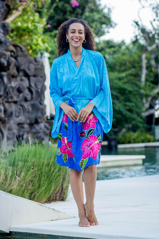 Sky Lotus Hand-Painted Blue Rayon Robe from Bali
