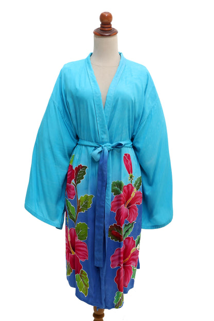 Sky Lotus Hand-Painted Blue Rayon Robe from Bali