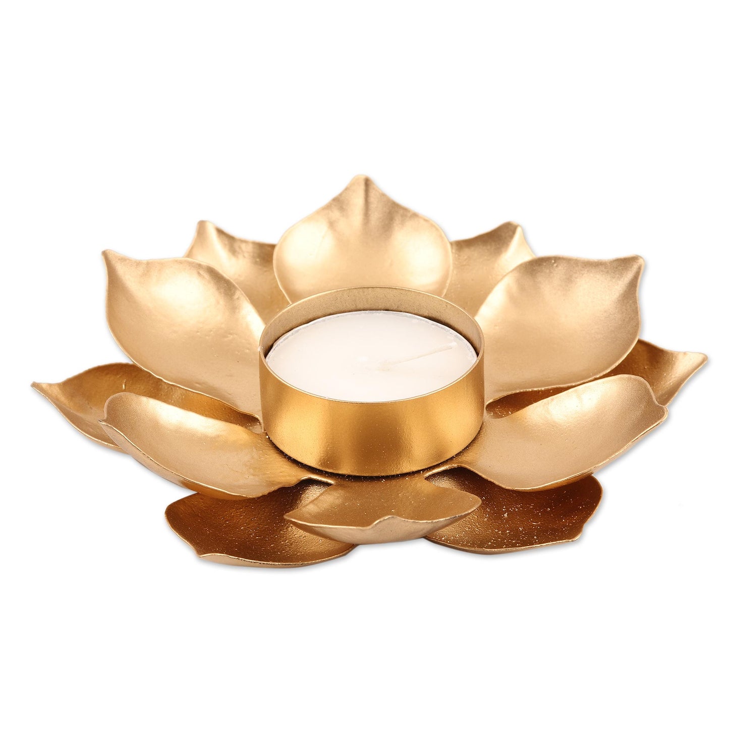 Golden Lotus Glow Gold Finish Steel Lotus Blossom Tealight Candleholder