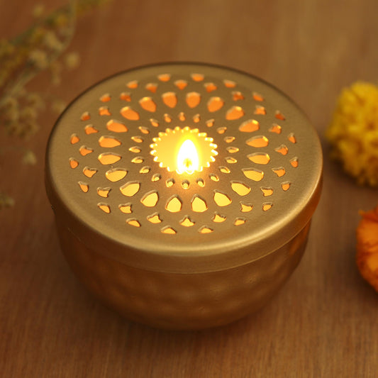 Dancing Light Gold Finish Steel Tealight Candleholder with Jali Cutouts