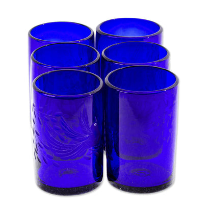 Paloma Azul Etched Blue Blown Glass Tumblers (Set of 6)