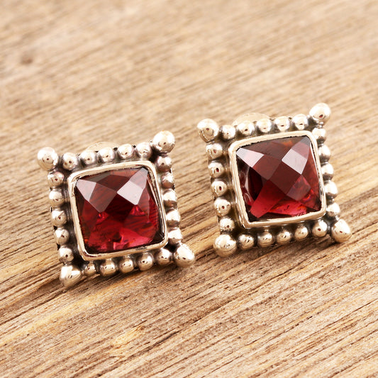 Picture Perfect in Red Checkerboard Faceted Garnet Sterling Silver Stud Earrings