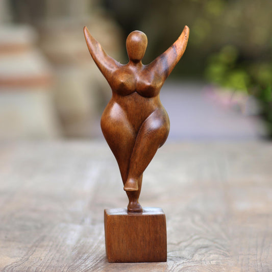 Curvy and Happy Hand Carved Suar Wood Sculpture of the Female Form