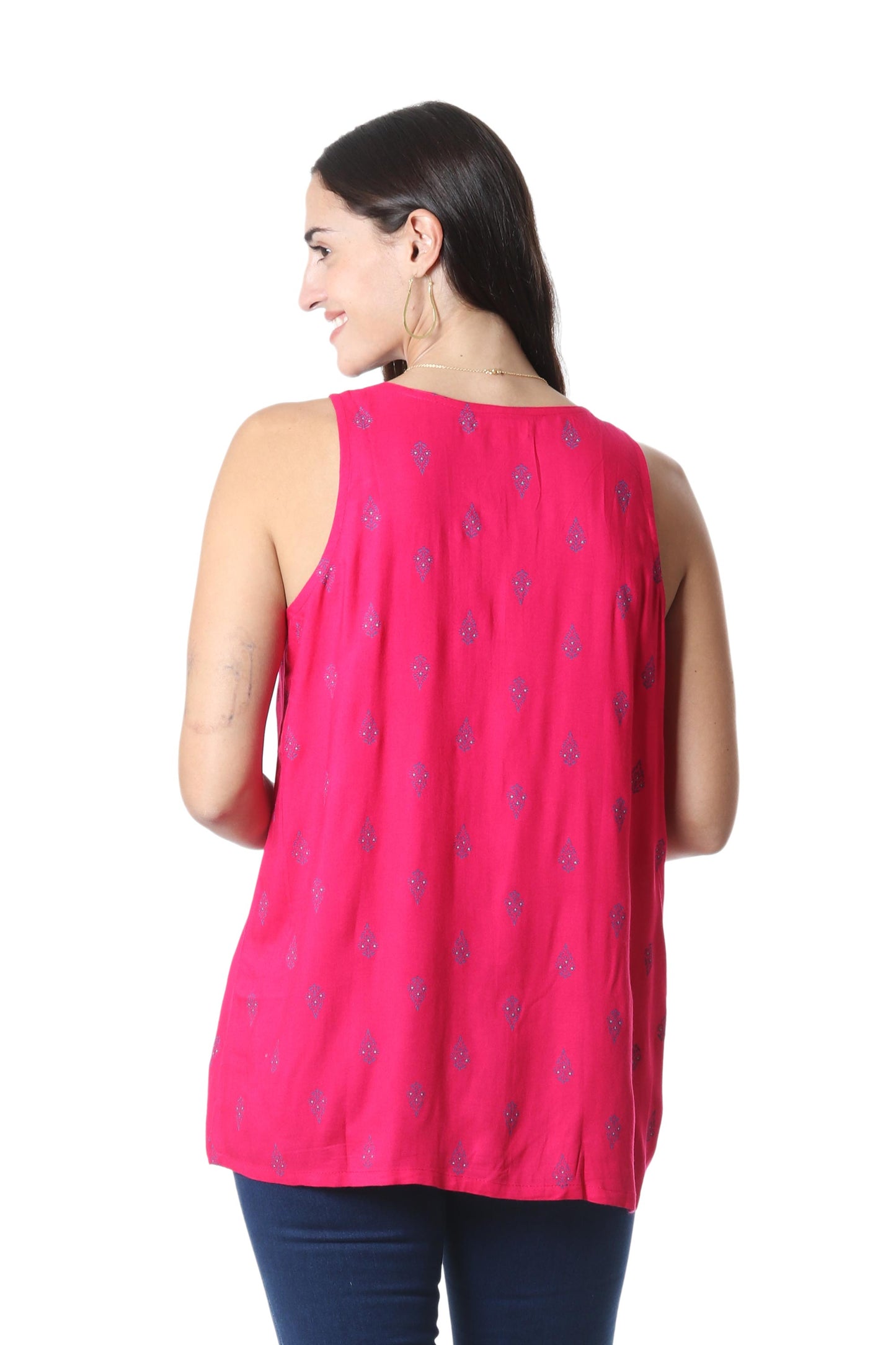 Ruby My Dear Screen Printed Pink Rayon Sleeveless Blouse from India