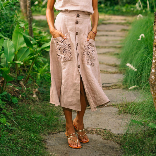 Juicy Fruit in Natural Hand Embroidered Knee-Length Skirt