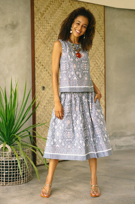 Grey Gardens Hand Woven Cotton Midi Ikat Skirt from Bali