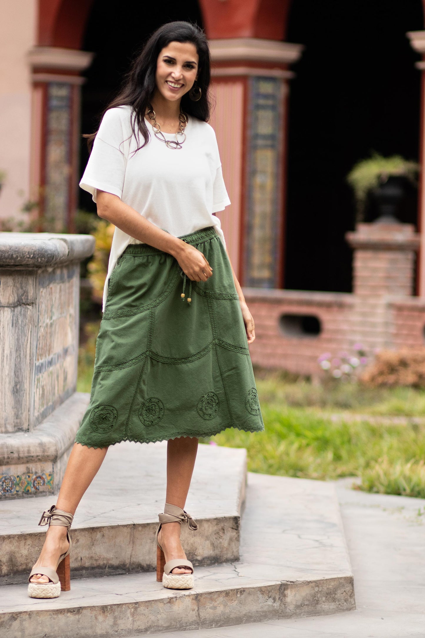 Andean Fields Embroidered Laurel Green Cotton Skirt from Peru
