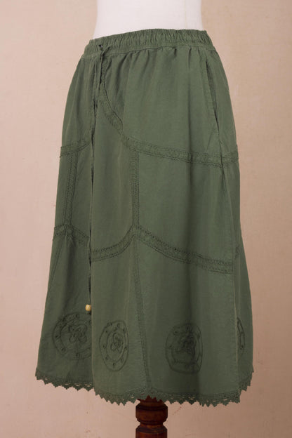 Andean Fields Embroidered Laurel Green Cotton Skirt from Peru