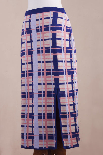 Melon Spring Hand Made Cotton Blend Knit Plaid Maxi Skirt from Peru
