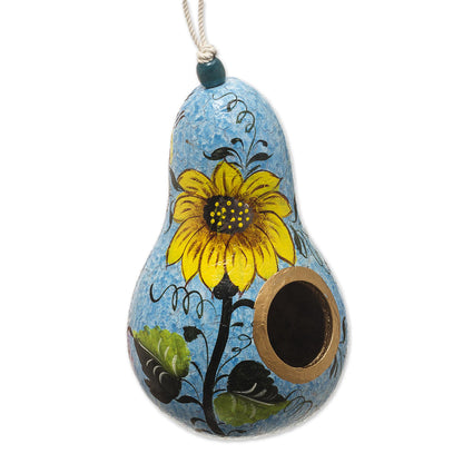 Sunflower and Sky Hand Painted Dried Gourd Birdhouse