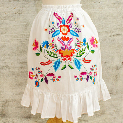 Bright Oaxaca Blossoms Colorful Hand Embroidered White Cotton Ruffled Skirt