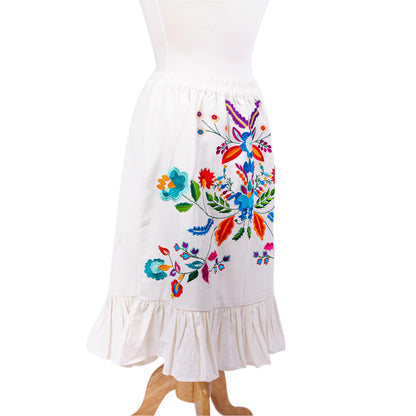 Bright Oaxaca Blossoms Colorful Hand Embroidered White Cotton Ruffled Skirt