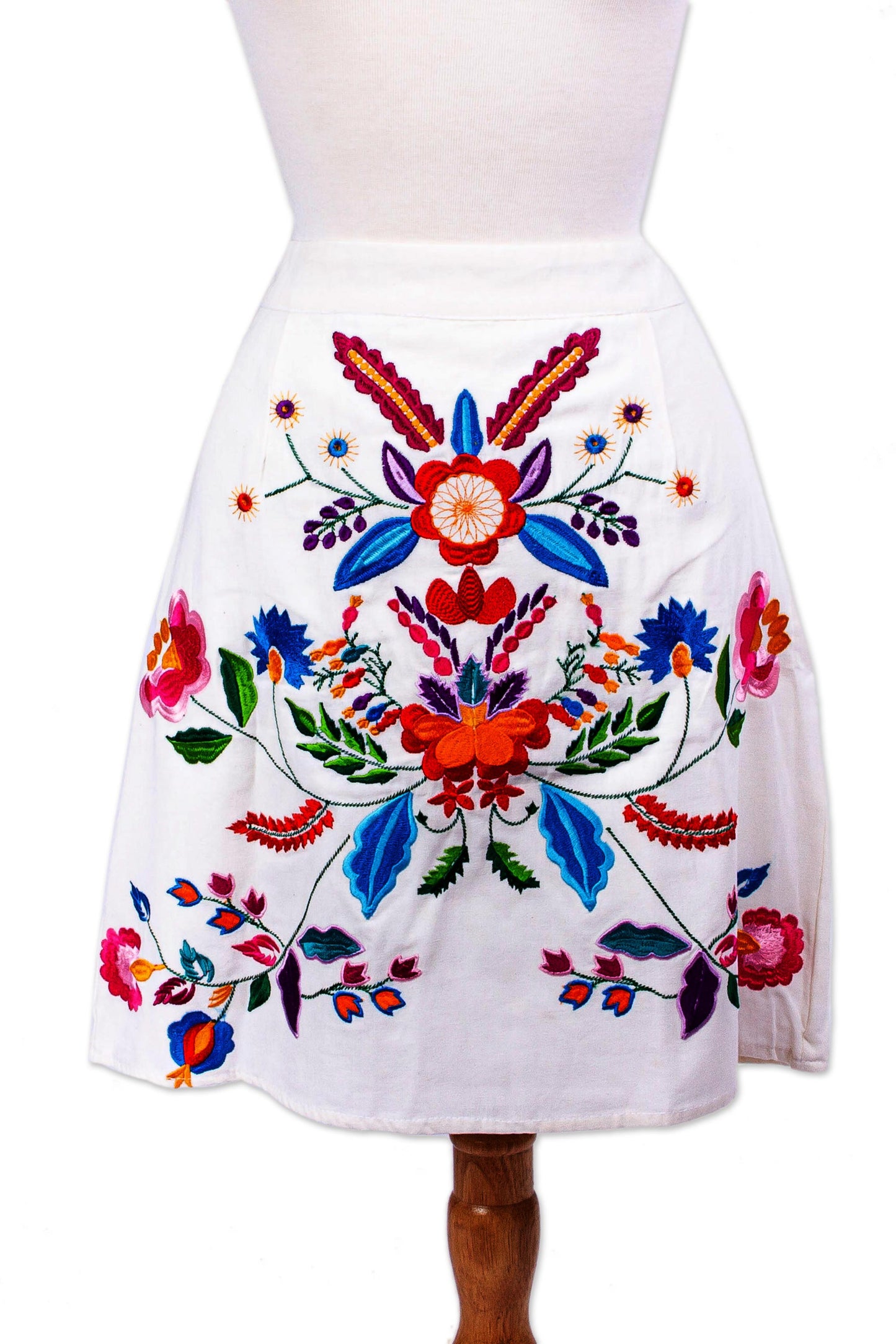 Radiant Bright Bouquet Colorful Hand Embroidered White Cotton A-Line Skirt