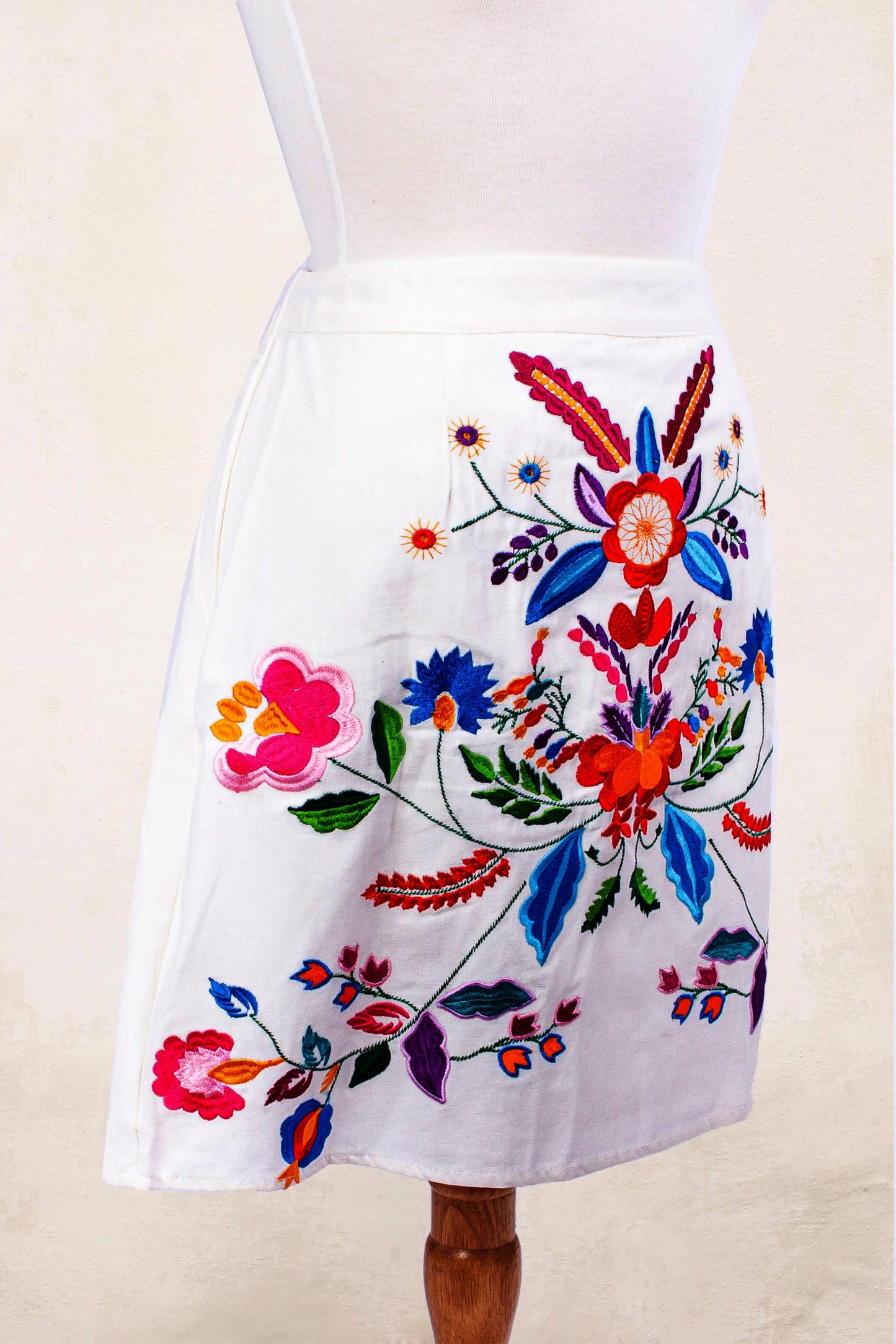 Radiant Bright Bouquet Colorful Hand Embroidered White Cotton A-Line Skirt