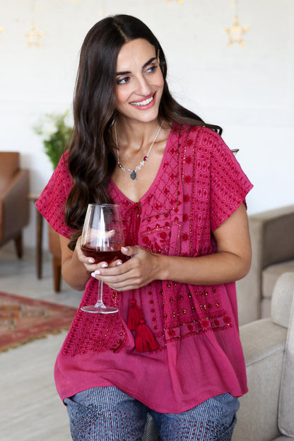 Wine Country Beaded and Embroidered Viscose Blouse