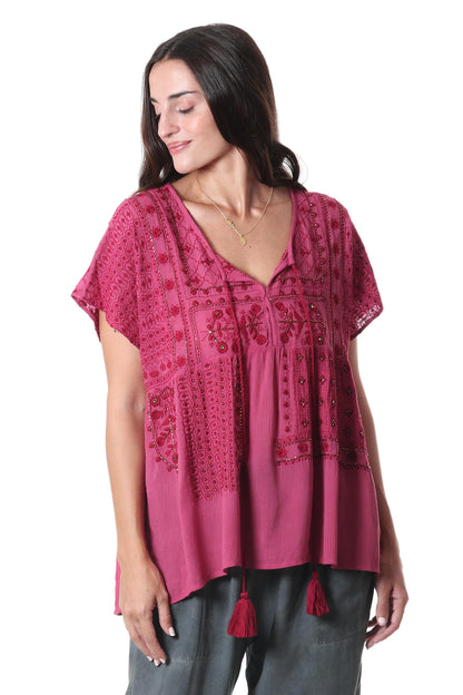 Wine Country Beaded and Embroidered Viscose Blouse