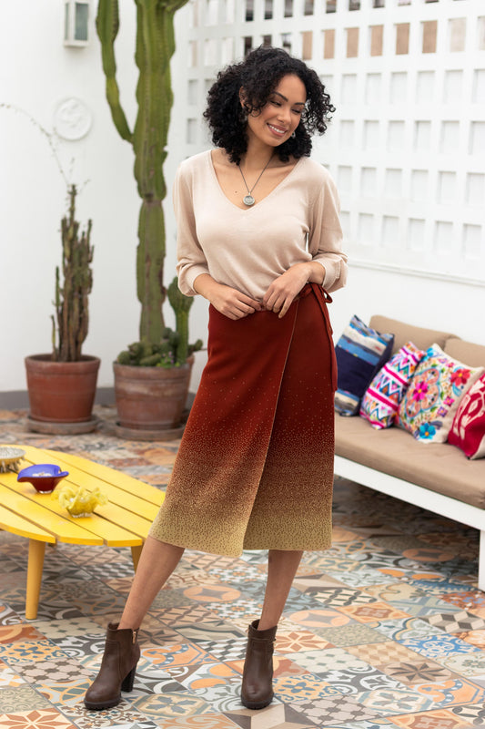 Thanta Degrade in Brown Organic Cotton Knit Wrap Degrade Russet Wrap Skirt from Peru