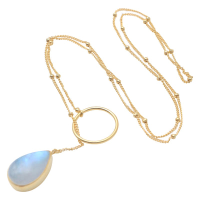 Sky Blue Teardrop Gold-Plated Rainbow Moonstone Pendant Necklace