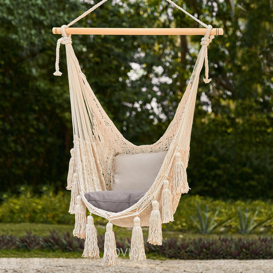 Ocean Seat in Ivory Ivory Tasseled Cotton Rope Mayan Hammock Swing from Mexico