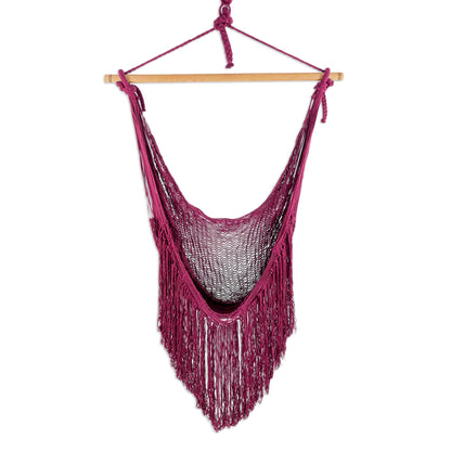 Sea Breezes in Bordeaux Burgundy Fringed Cotton Rope Mayan Hammock Swing from Mexico