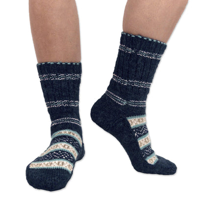 Midnight Frost Hand-Knit Midnight Blue Thick Slipper Style Socks from India