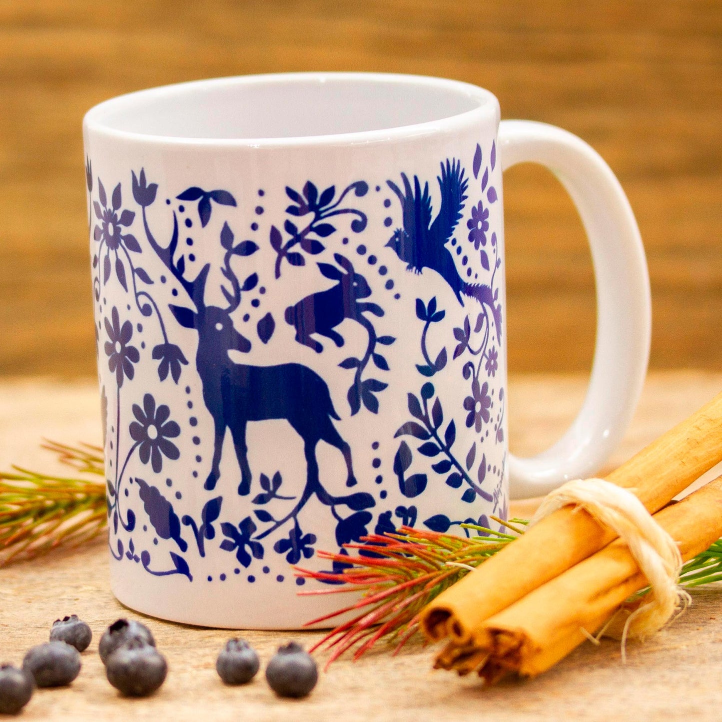 Blue Otomi  Artisan Crafted Otomi Blue Birds and Flowers Ceramic Mug
