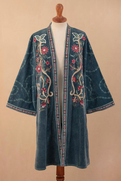 Embroidered Chic Embroidered Long Blue Cotton Velvet Open Front Jacket