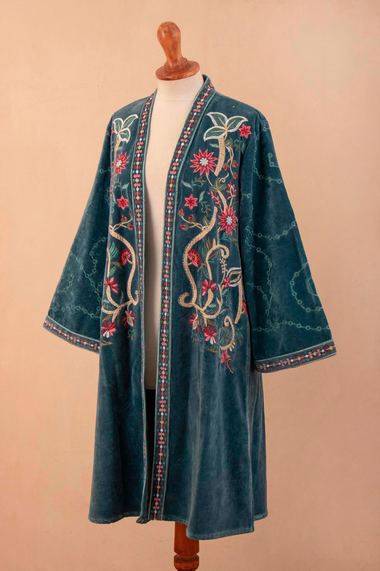Embroidered Chic Embroidered Long Blue Cotton Velvet Open Front Jacket