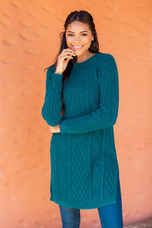 Winter Teal Baby Alpaca Teal Cable Knit Tunic Sweater Dress