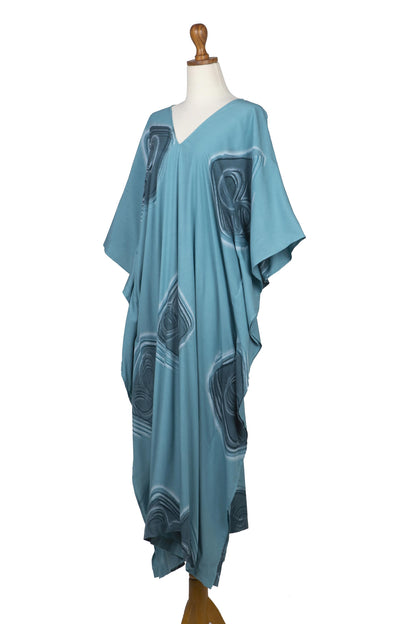 Floating Blue Hand-Painted Rayon Caftan from Bali