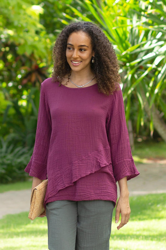 Too Cool in Mulberry Asymmetrical Cut Burgundy Cotton Gauze Blouse