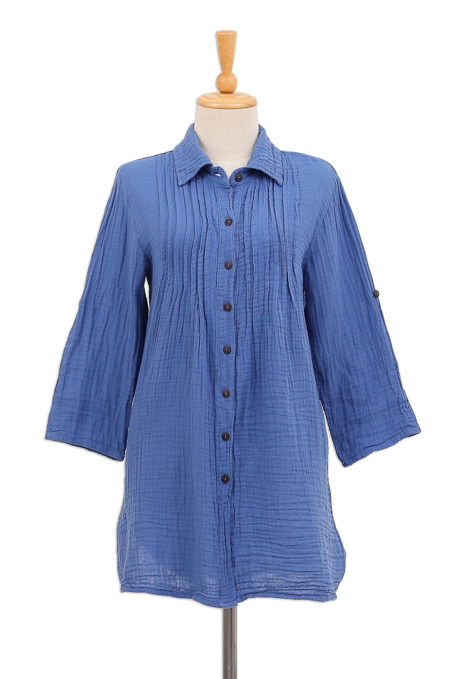 Periwinkle Pintucks Blue Cotton Gauze Shirt from Thailand