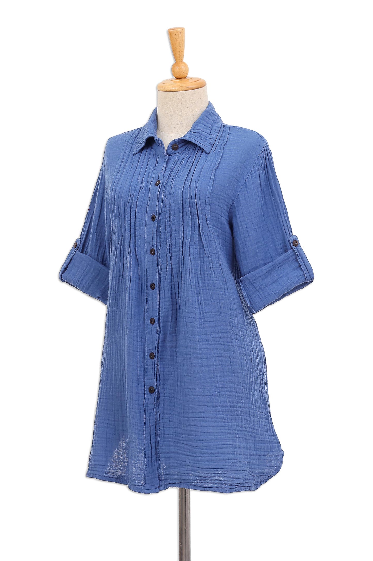 Periwinkle Pintucks Blue Cotton Gauze Shirt from Thailand