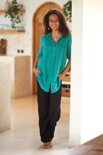 Turquoise Pintucks Button-Up Cotton Gauze Shirt from Thailand
