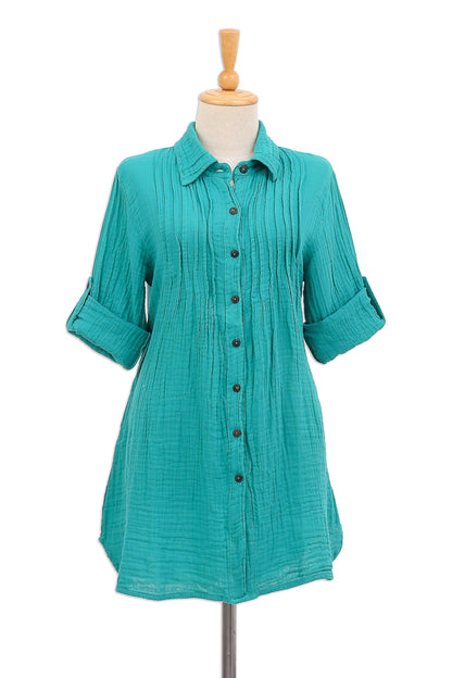Turquoise Pintucks Button-Up Cotton Gauze Shirt from Thailand