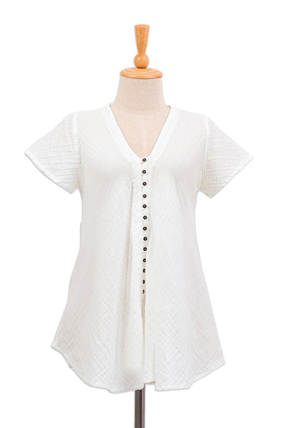 White Flair Buttoned Cotton Gauze Blouse with Short Sleeves