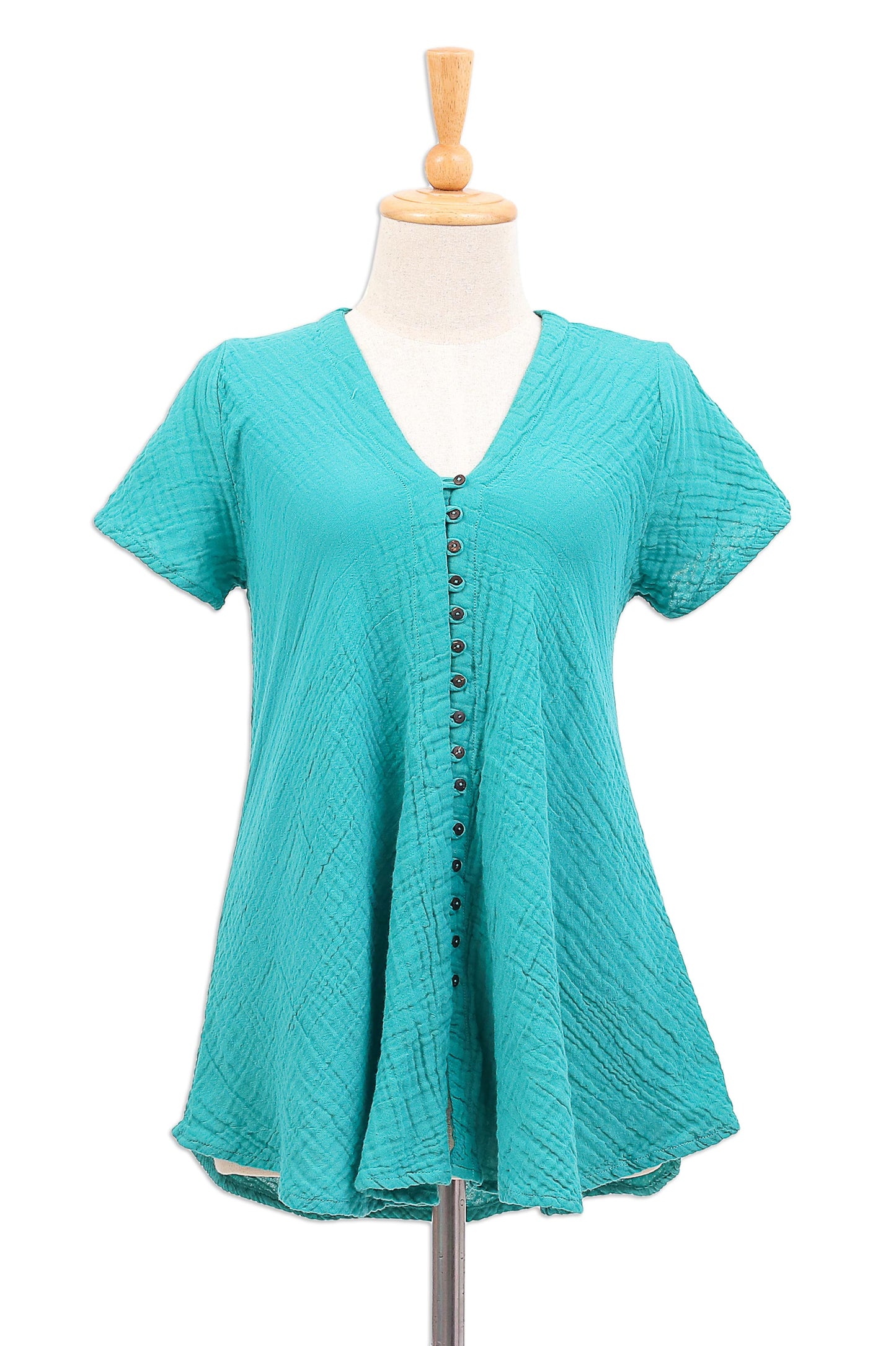 Turquoise Flair Cotton V-Neck Blouse with Coconut Shell Buttons