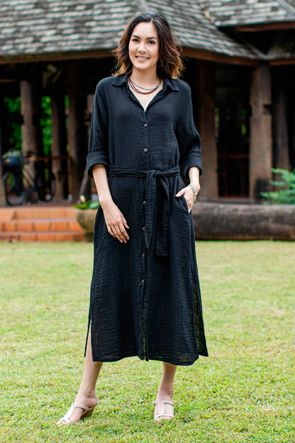 Street Smarts in Black Black Belted Cotton Shirtwaist Dress from Thailand