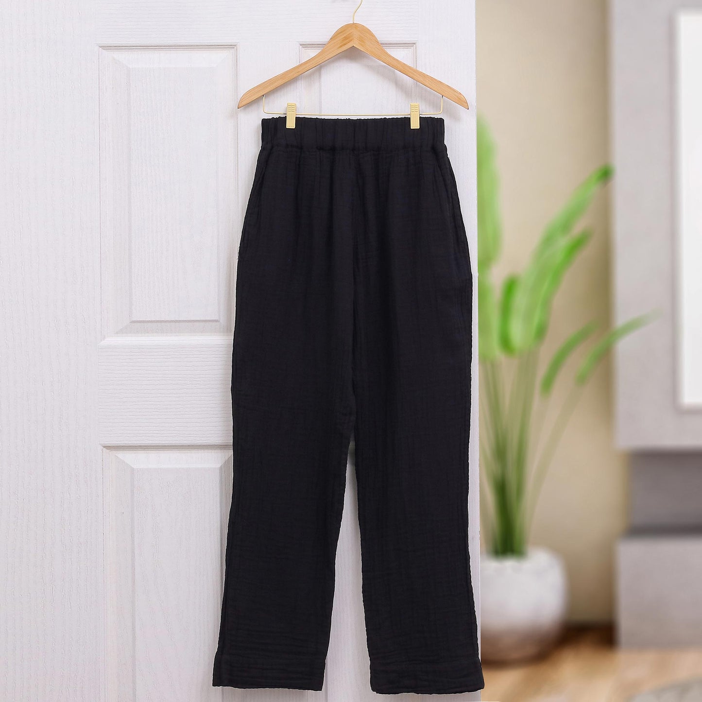 Cool Comfort  in Black Handcrafted Double Gauze Cotton Pants